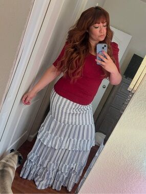 Luxxel Smocked Striped Ruffle Tiered Maxi Skirt - Blue/White